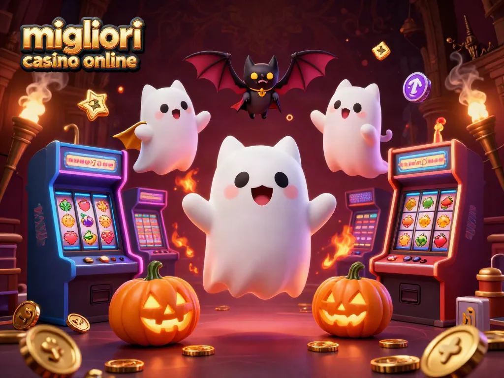 Scopri i migliori casino online mentre il gatto fantasma fluttua tra le slot machines in un'atmosfera magica.