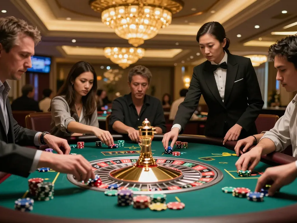 Truy cập ngay for thrilling roulette action at an upscale casino, players engaged, chips scattered.