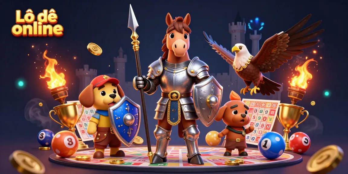 Experience Lô đề online excitement with a knight, puppy, and falcon in a lottery-themed celebration.