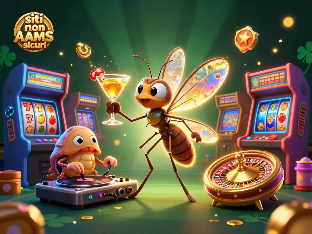 Scopri i siti non AAMS sicuri con simboli della fortuna in un casinò animato.