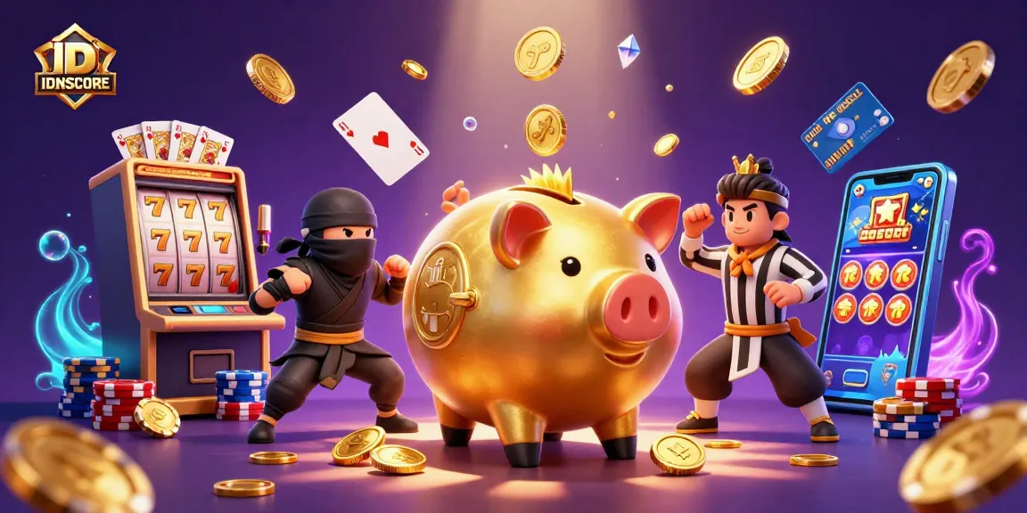 IDNSCORE platform features a dynamic gaming illustration with a sumo wrestler and casino elements.