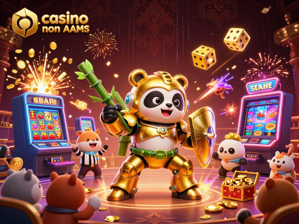 Casino online non AAMS: immagine d'illustrazione 3D di un panda dorato in un robot da combattimento con slot machine esplosiva.