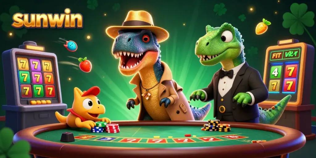 Experience gaming excitement at Sunwin with a cartoon velociraptor at a lively blackjack table.