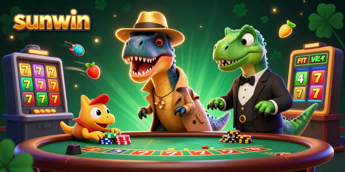Experience gaming excitement at Sunwin with a cartoon velociraptor at a lively blackjack table.