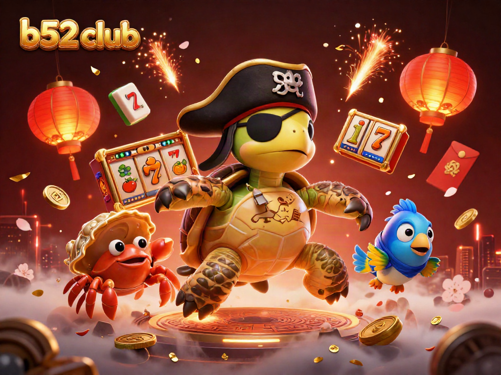 B52 club showcases a vibrant scene with a cartoon pirate turtle, golden hermit crab, and colorful slot game symbols.
