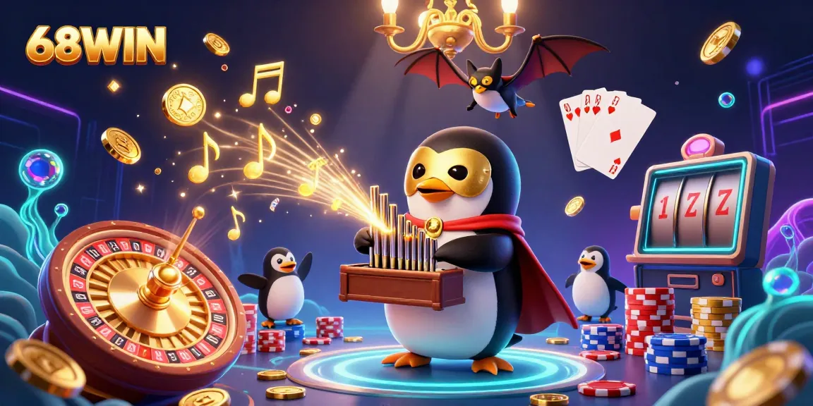 Experience winning thrills with 68WIN as the phantom penguin plays for jackpots amidst golden coins and sparkling gems.