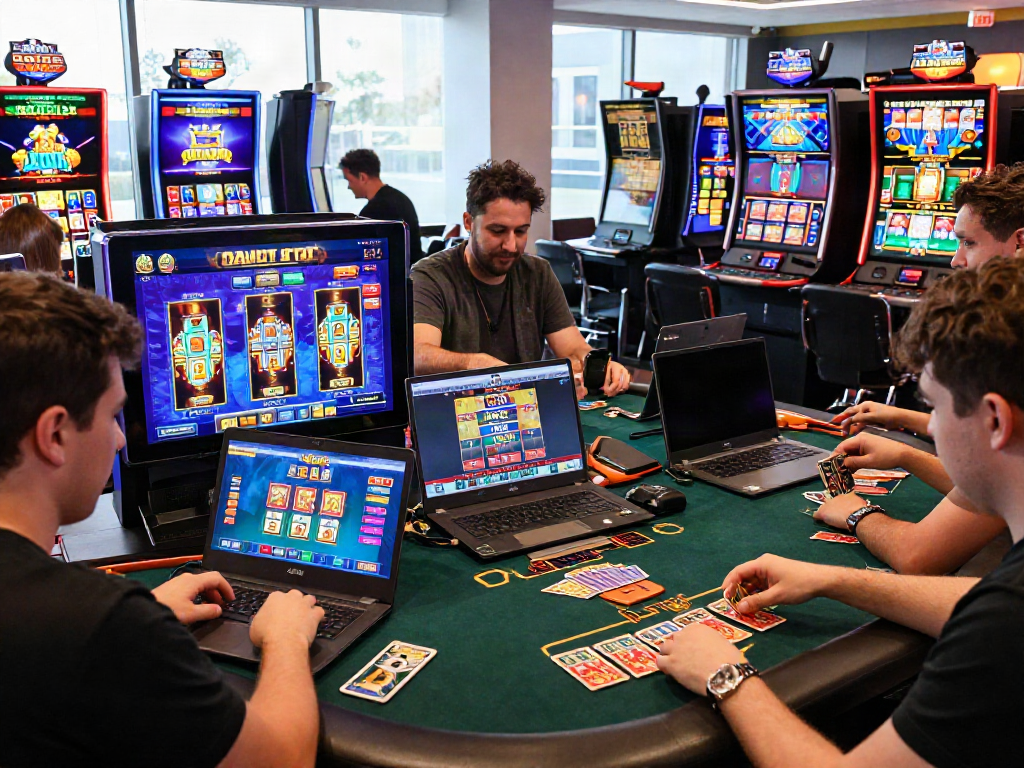 Engaged players enjoying diverse games in credit card casinos uk environment featuring interactive digital displays and exciting gaming graphics.