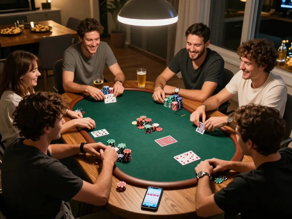 Players enjoying a poker game at home, showcasing social gaming and strategy elements, featuring sunhouseofficial branding.