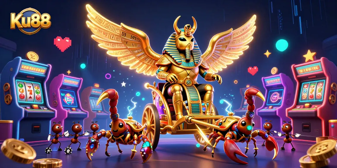 Engage with Ku88's vibrant casino experience featuring a golden scarab and scorpions.