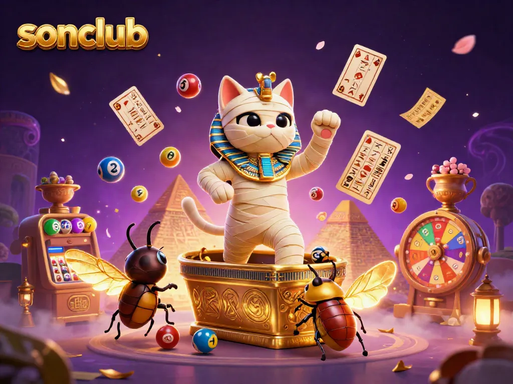 Experience excitement at sonclub with a dynamic scene featuring a mummy cat, golden sarcophagus, and colorful lottery elements.