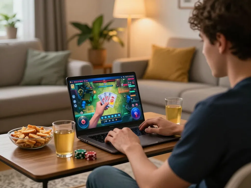 Playing an exciting game online on a laptop in a cozy living room with snacks and drinks