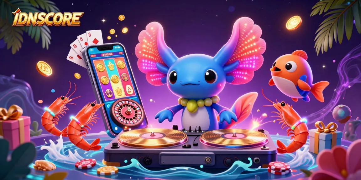IDNSCORE casino scene with neon axolotl DJ, vibrant slot games, and festive ocean characters.
