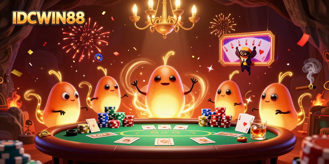 IDCWIN88 showcases a vibrant casino scene with glowing glowworms and a bat dealer enhancing gameplay
