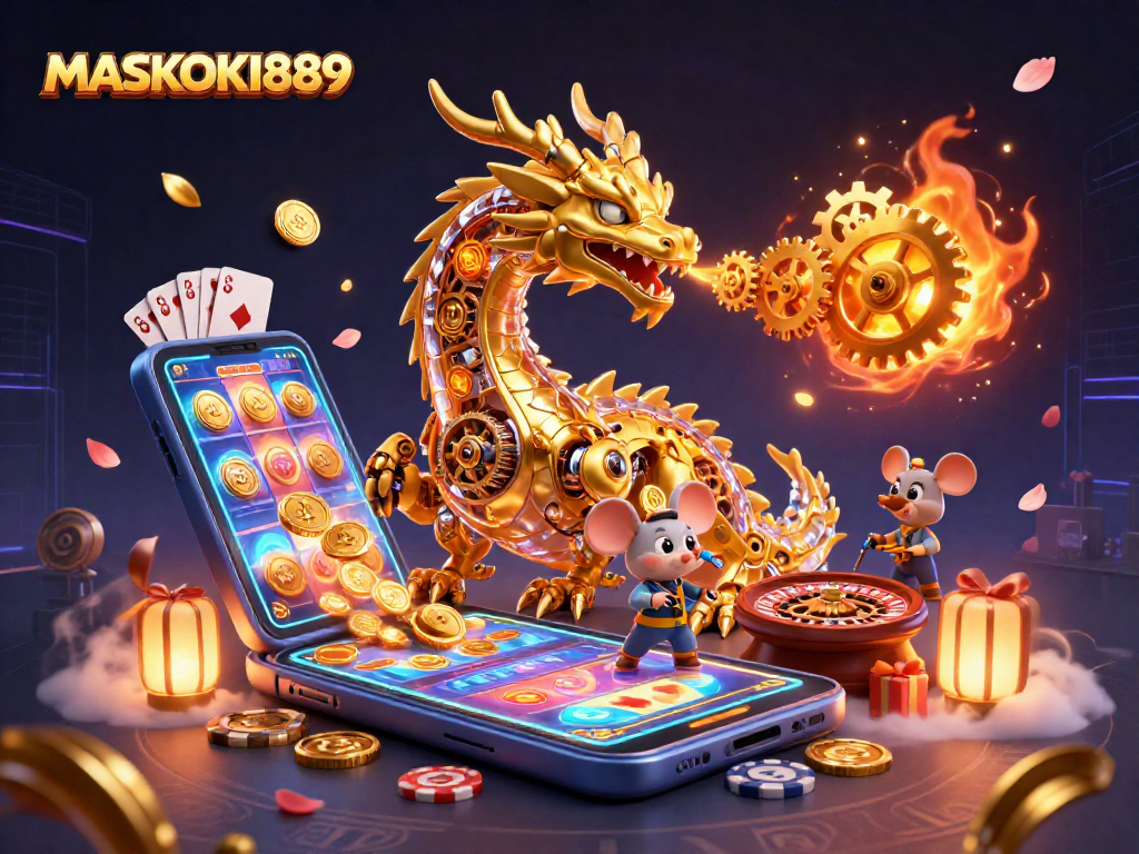 Experience the thrill of MASKOKI889 as a golden dragon unleashes gears among vibrant casino elements.