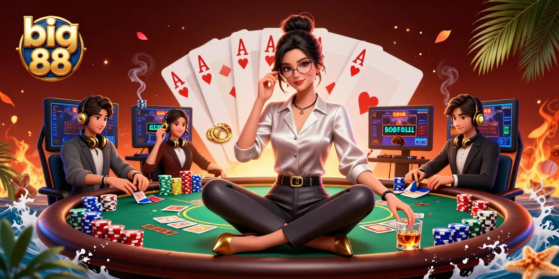 A photorealistic Asian woman engaging in big 88 casino games at a high-tech setup surrounded by vibrant poker elements.