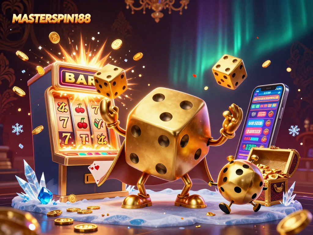 Experience the excitement of MASTERSPIN188 with golden dice, slot machines, and vibrant casino elements.