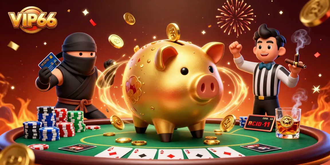 Engage with VIP66's vibrant casino scene featuring a golden piggy bank sumo wrestler and exciting elements.