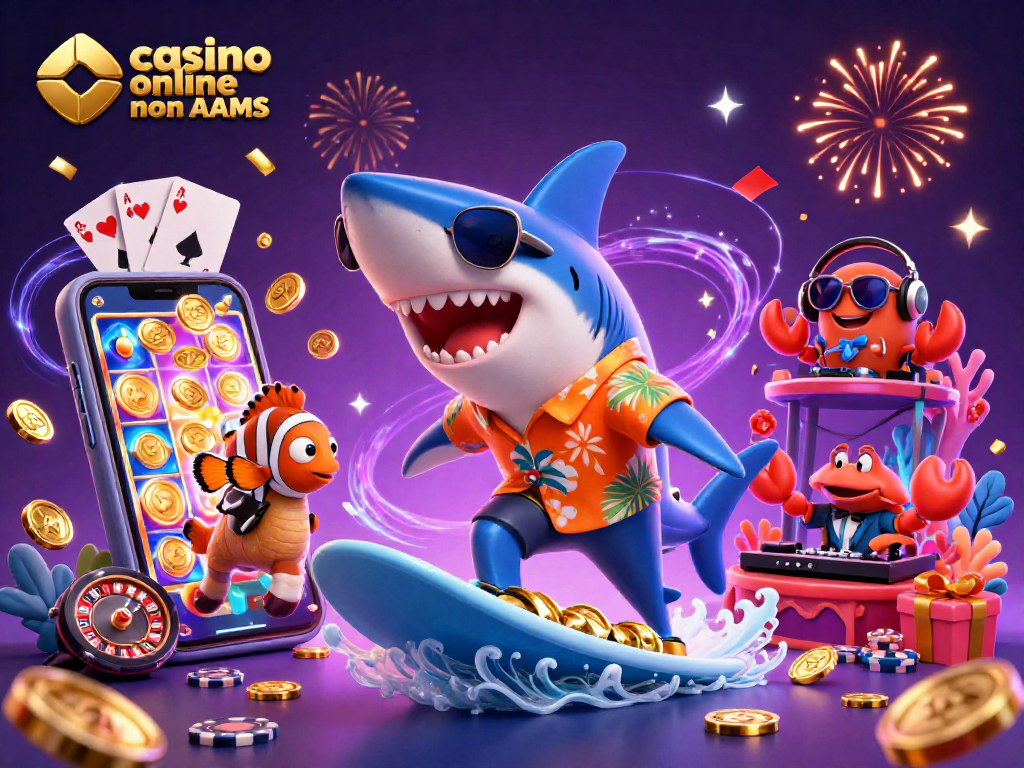 Immagine animata di un casinò online non AAMS con un pesce pagliaccio e un granchio DJ in festa.