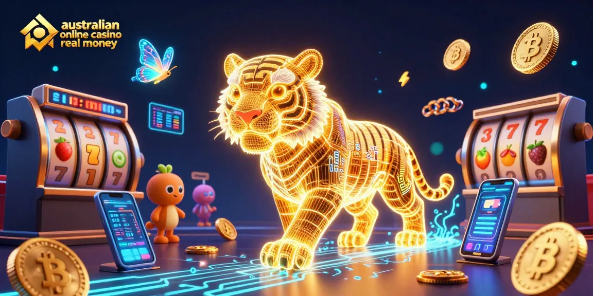 Engage with the vibrant atmosphere of australian online casino real money showcasing golden tiger and slot elements.