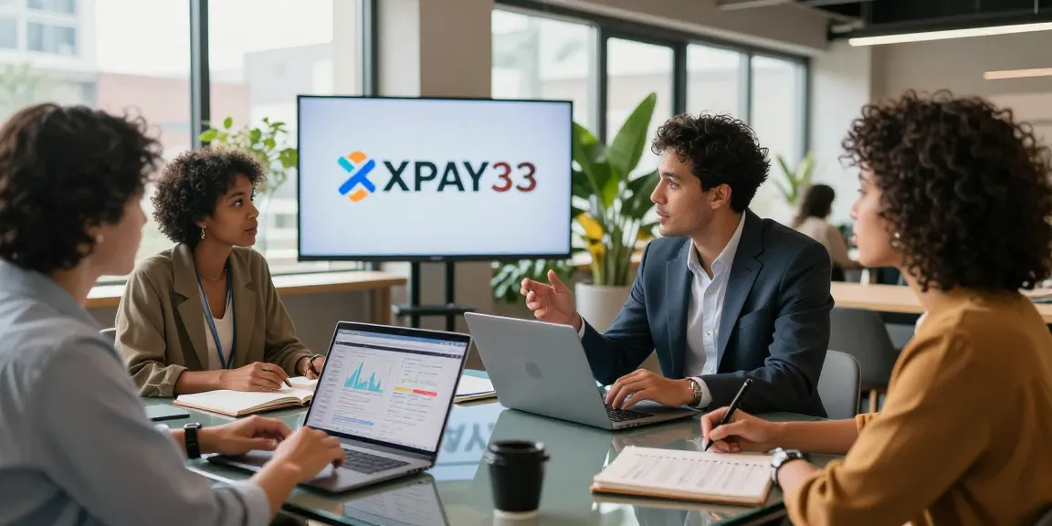 Networking professionals discussing XPAY33 strategies in modern co-working space.