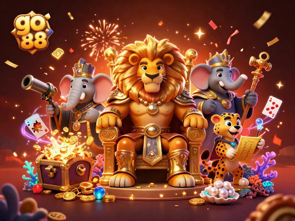 Trải nghiệm game GO88 hấp dẫn với chú sư tử dũng mãnh, voi thông thái và báo nhanh trong bối cảnh thật sống động.