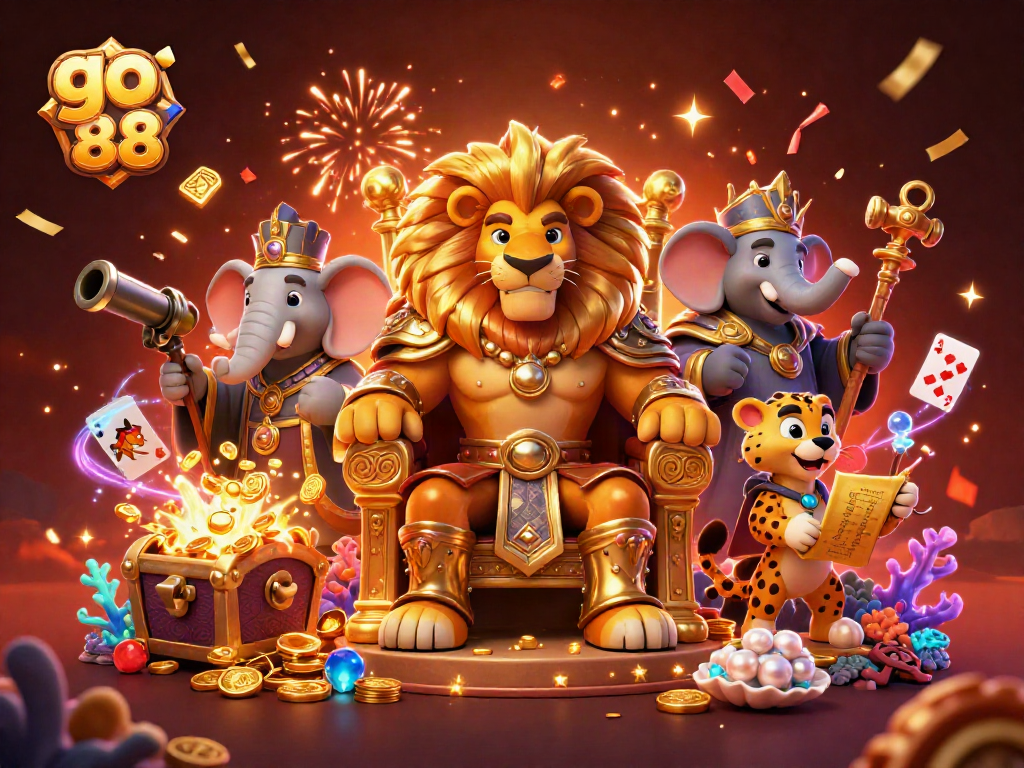 Trải nghiệm game GO88 hấp dẫn với chú sư tử dũng mãnh, voi thông thái và báo nhanh trong bối cảnh thật sống động.