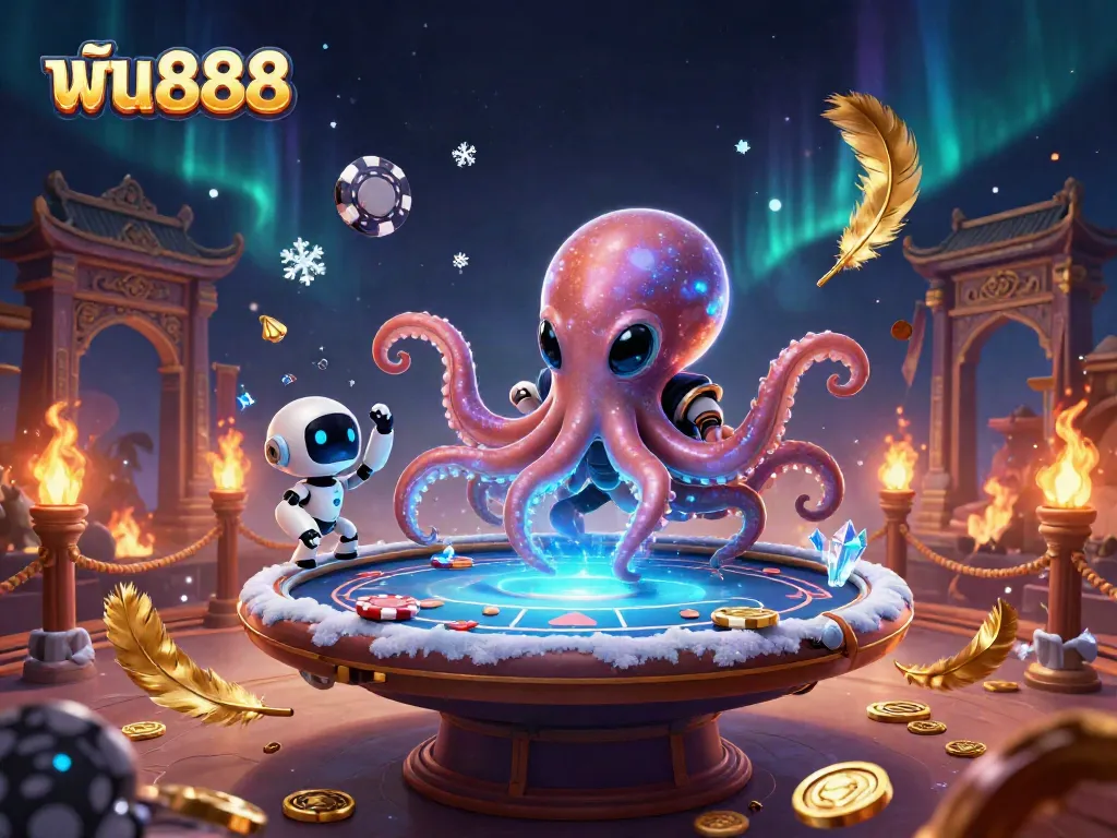 Engage in thrilling poker action with ฟัน888, featuring an alien octopus at a holographic table amidst dynamic casino elements.