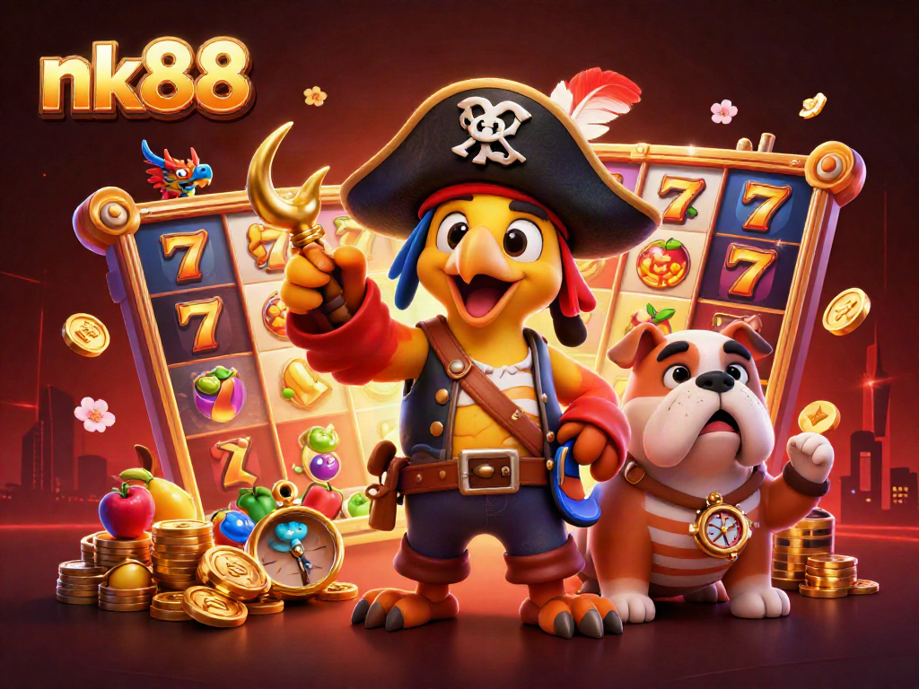 Experience the excitement of nk88 with a vibrant 3D illustration of a pirate captain, bulldog, and cat around jackpot slot elements.