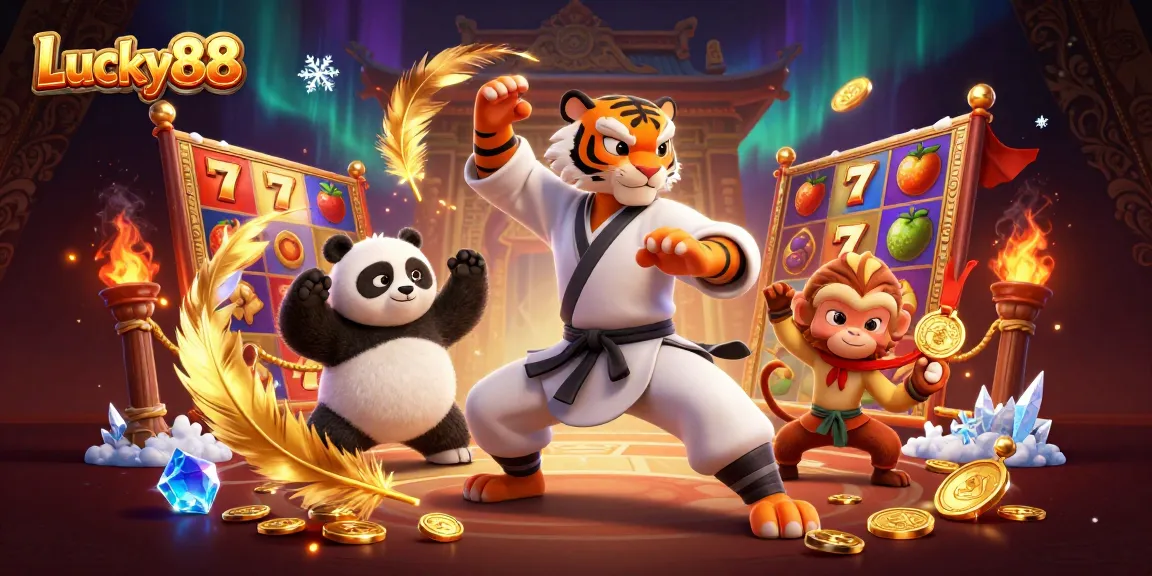 Lucky88 showcases a thrilling scene of animated characters engaging in slots action with a kung fu twist.