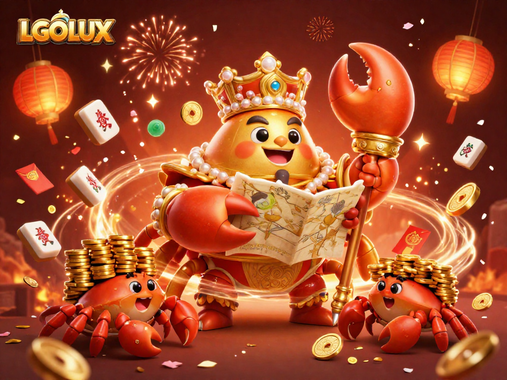 Experience exciting gameplay with LGOLUX, featuring a golden crab emperor amid vibrant casino elements.