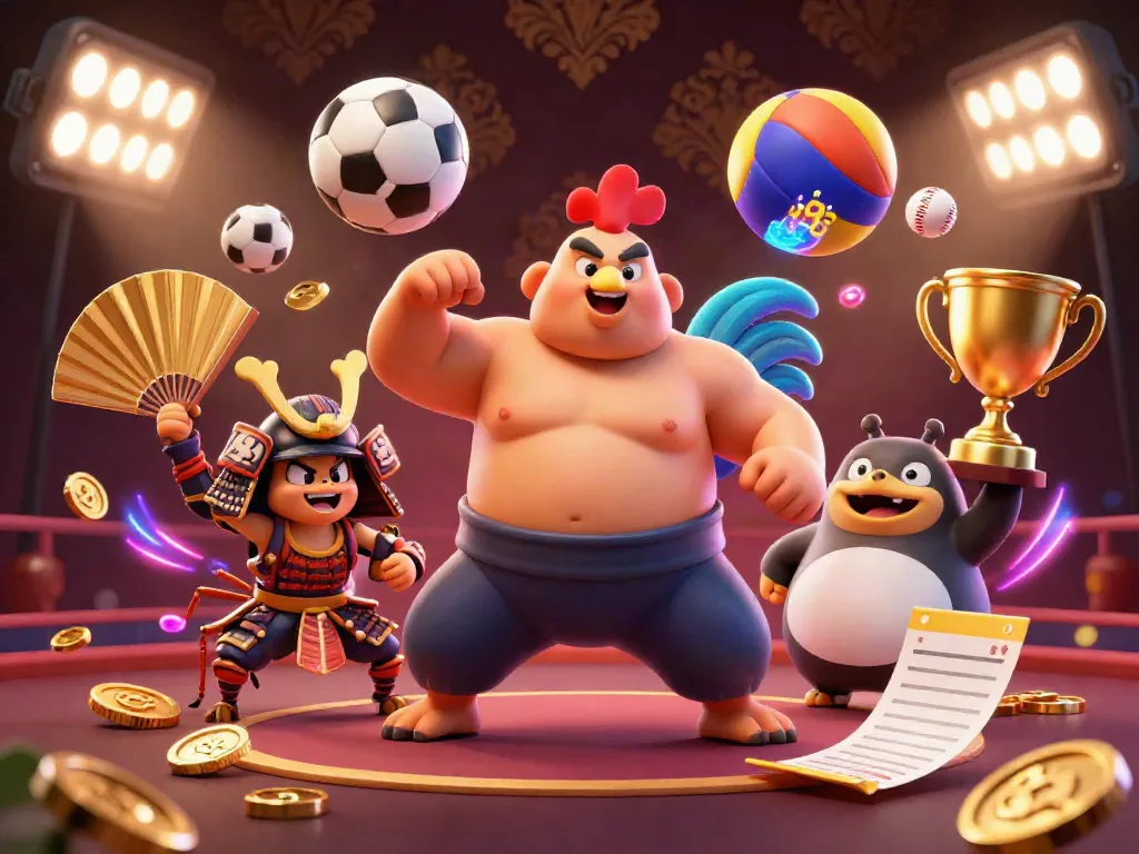 Engage with the powerful lx88 gaming scene featuring a sumo wrestler rooster, a fierce cricket, and a tanuki announcer amidst dynamic sports elements.