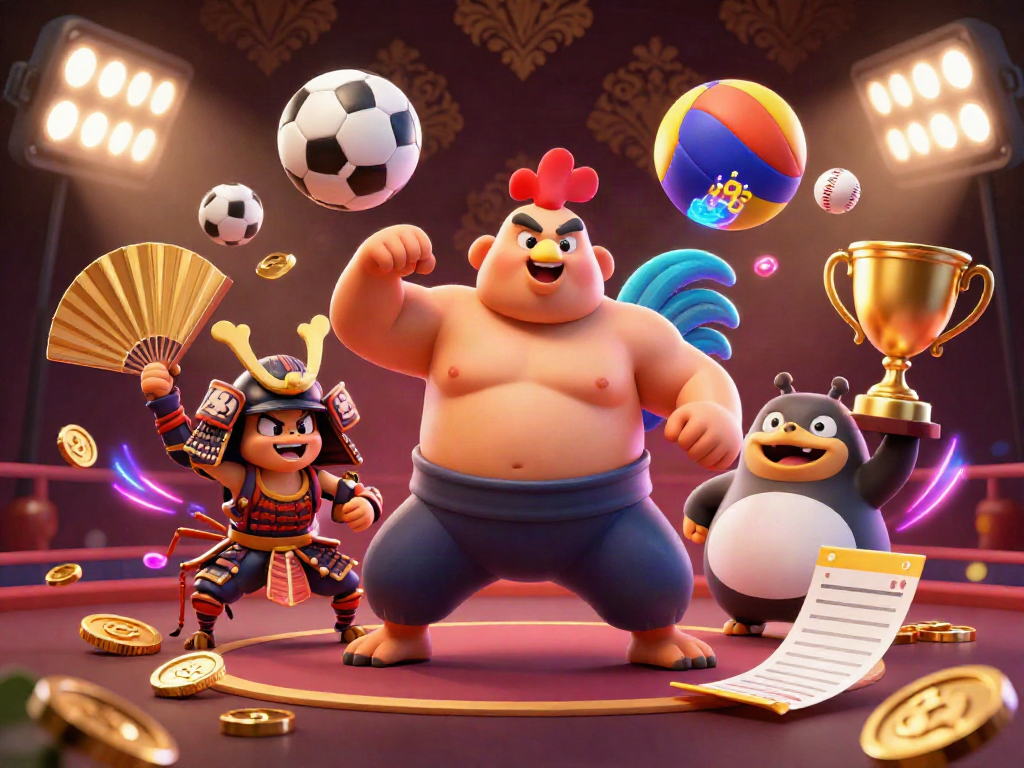 Engage with the powerful lx88 gaming scene featuring a sumo wrestler rooster, a fierce cricket, and a tanuki announcer amidst dynamic sports elements.