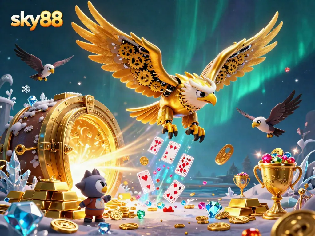 Experience thrilling betting with sky88 as a golden eagle and falcon warriors navigate through a vibrant casino of jewels and cards.