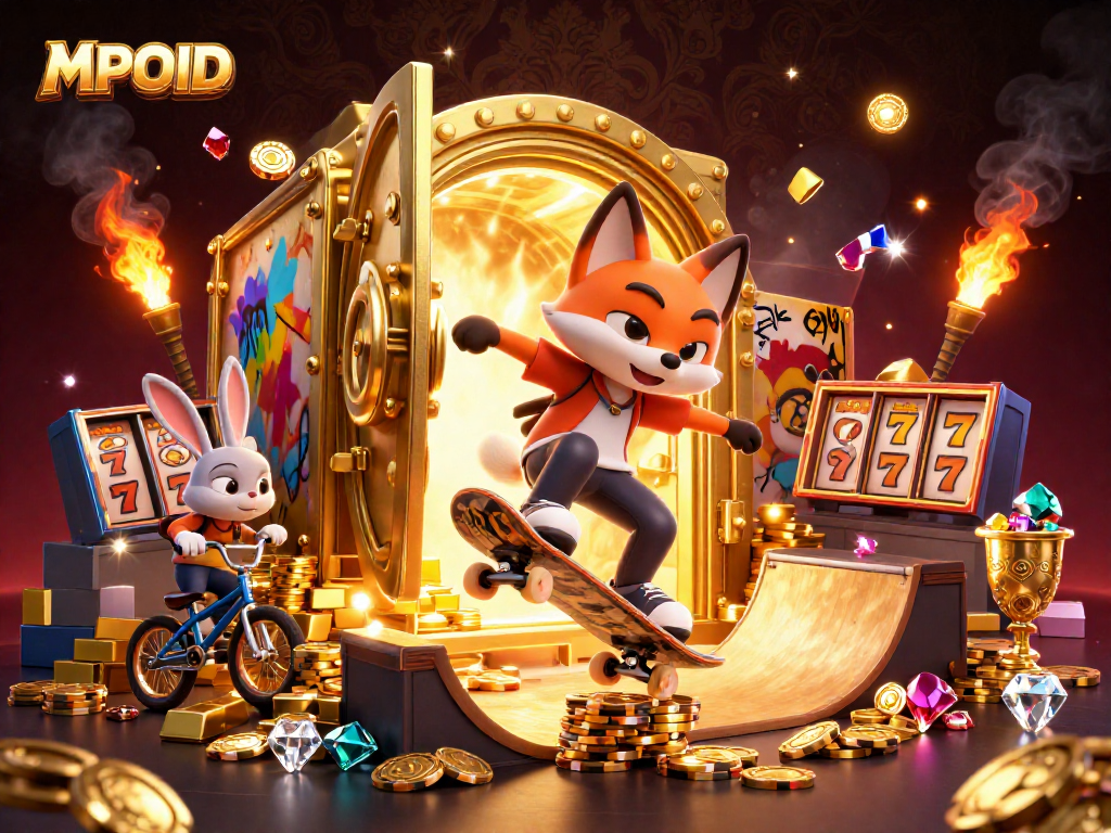 MPOID features an energetic scene with a skateboarder fox over poker chips and a BMX rabbit, framed by casino elements.