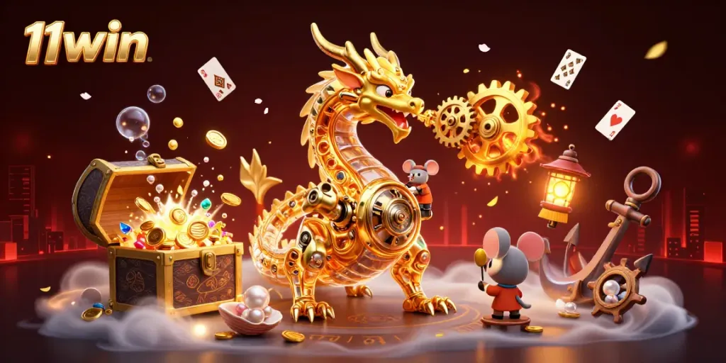Engage with the stunning universe of 11win, where a golden dragon and engineer bring treasures to life.