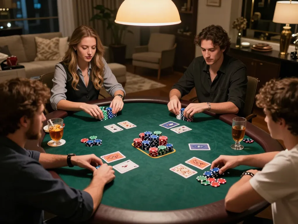 Engaging poker night with multiple players strategizing their next move featuring wittehomesolutions subtle decor.