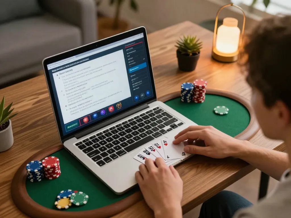 Engage in an exciting poker game on qh88go with strategic betting notes visible in a cozy home office setting.