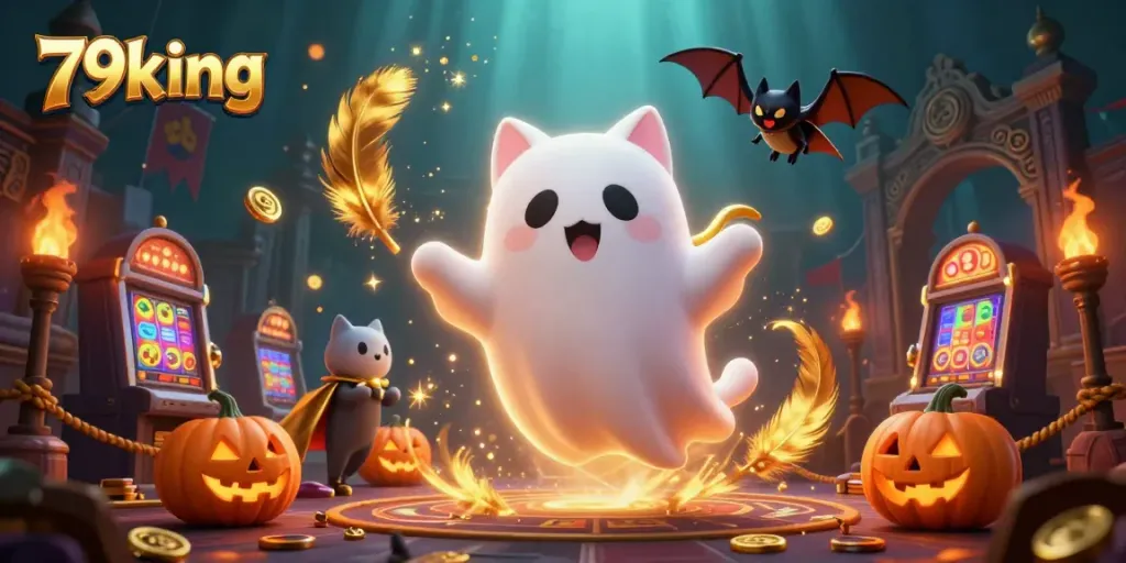 Engage with thrilling games at 79king, featuring a friendly ghost cat in a haunted casino scene.