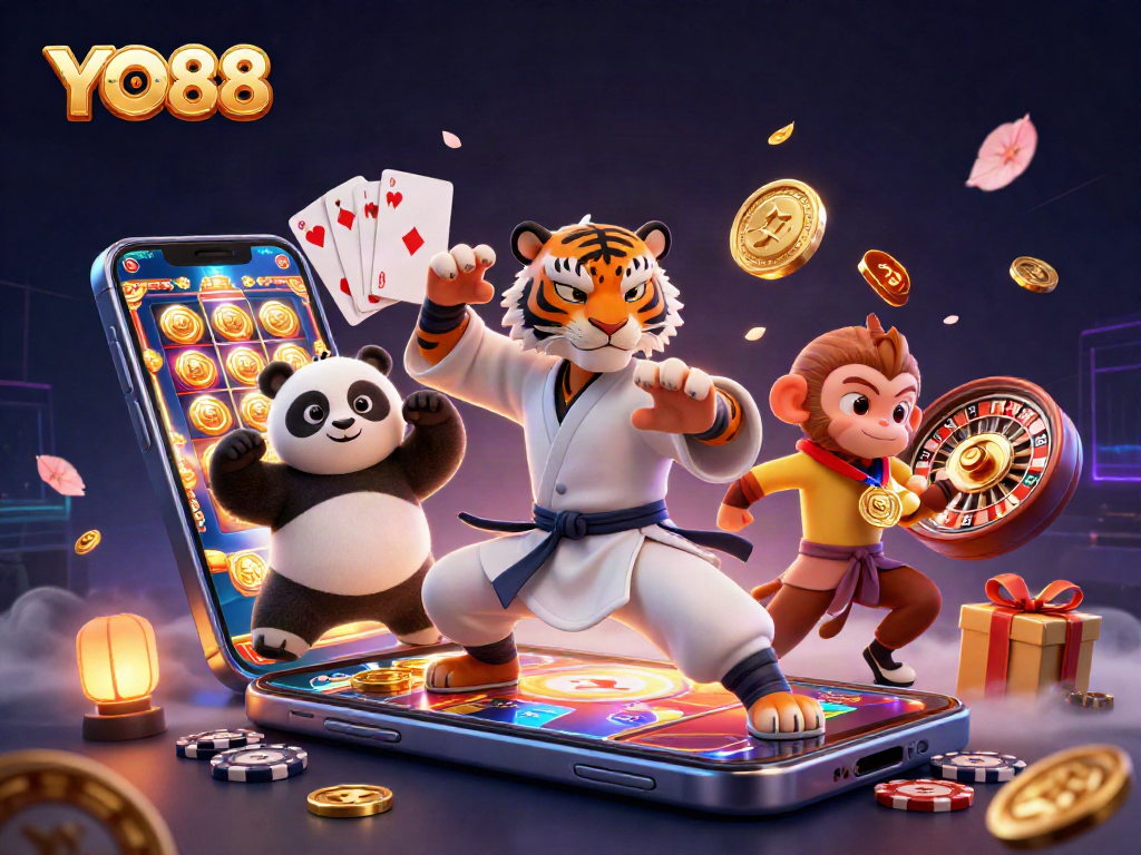 Engage with YO88's gaming excitement featuring a kung fu tiger, panda, and monkey in a vibrant casino scene.