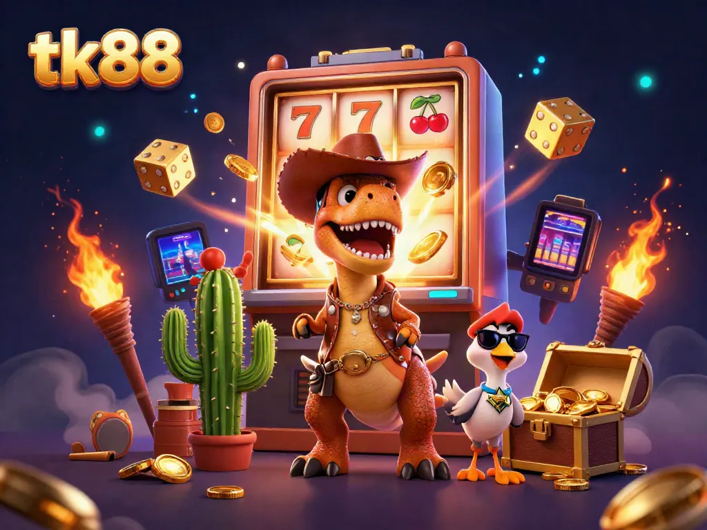 Engage with tk88's vibrant casino world featuring a dynamic dinosaur character alongside gaming elements.