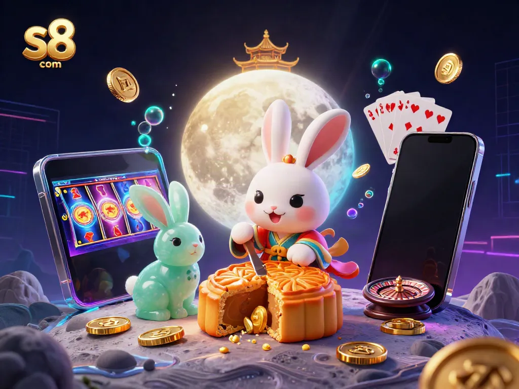 Experience winning strategies at s8 com with immersive 3D casino gambling illustrations featuring moon rabbits and golden poker chips.