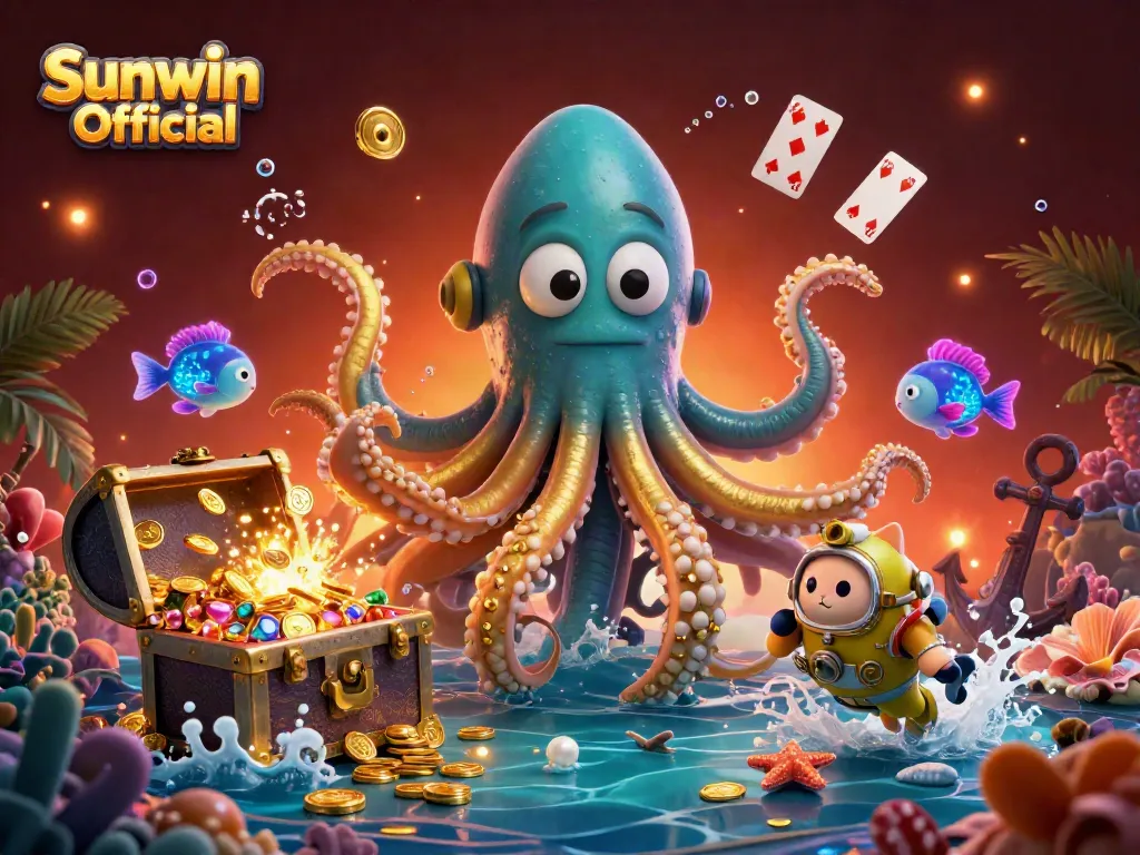 Playing with luck at Sunwin Official: A captivating underwater scene with characters, treasures, and casino elements.