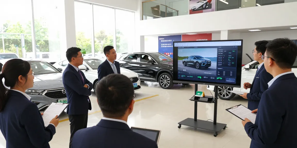 Sales team engaged in car sales training using AI technology in a modern dealership