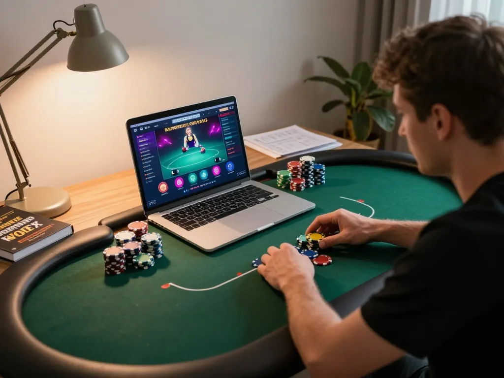 Engaged in online poker gameplay, the player strategizes while utilizing TR88’s betting tips.