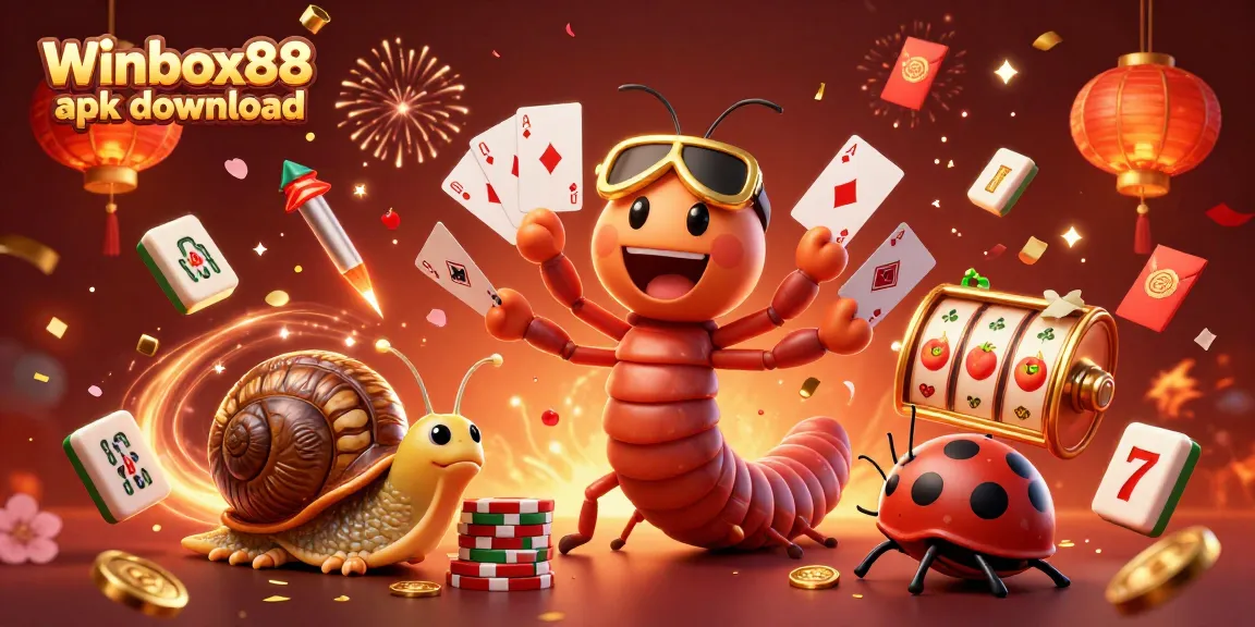 Experience the excitement of Winbox88 apk download with a vibrant casino-themed illustration featuring characters and games.