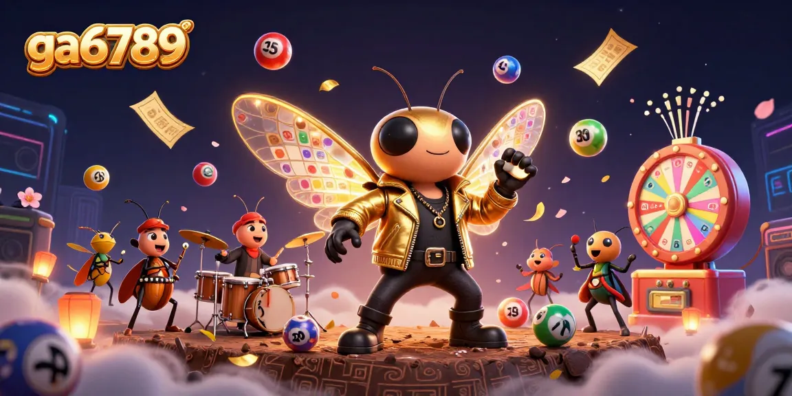 Experience thrilling action with ga6789's vibrant gaming scene featuring a rock star, drummer, and crickets amidst lottery balls and golden tickets.