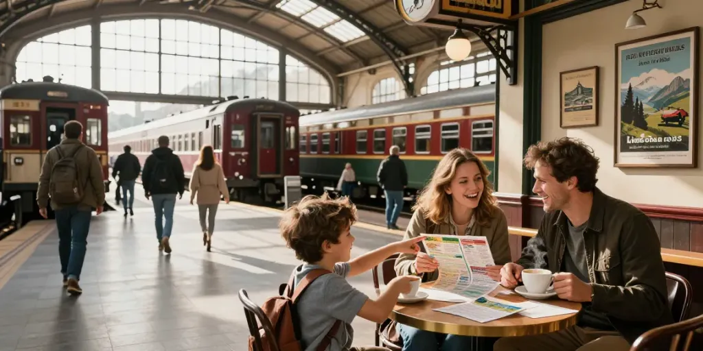 Travelers exploring discounted train tickets at a vibrant train station, capturing the excitement of their next adventure.