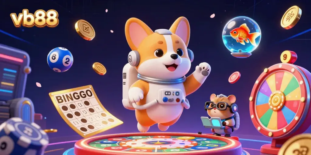 Experience winnings with vb88 in a vibrant casino scene featuring a floating astronaut corgi.