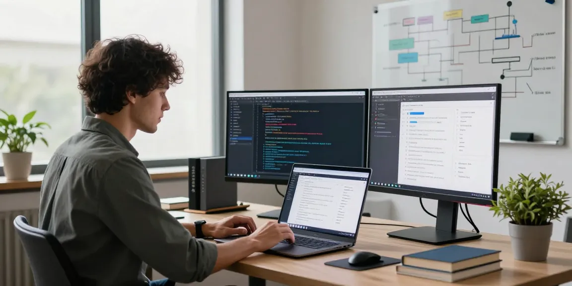 Build internal tools with AI in a modern workspace featuring a developer coding on multiple screens.
