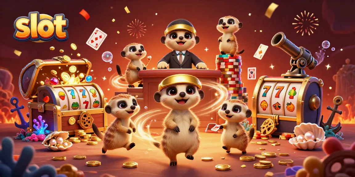 Meerkats menjalankan operasi kasino slot dengan petugas dan dealer bermain kartu, dihiasi harta karun dan simbol keberuntungan.